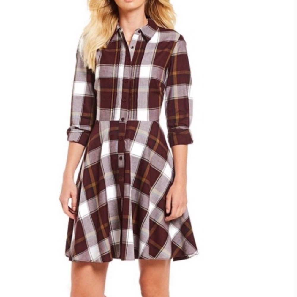 NWT CREMIEUX Emily plaid shirtdress burgundy button front collared dress size 2